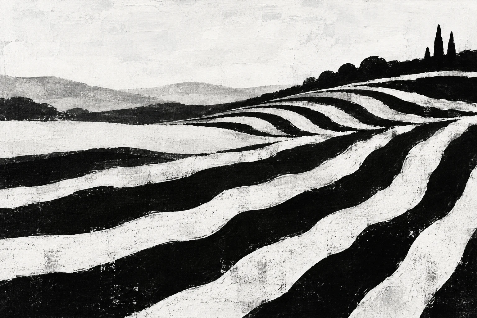 Rolling vineyard rows in late light in black, white, cream, gray; landscape artwork.