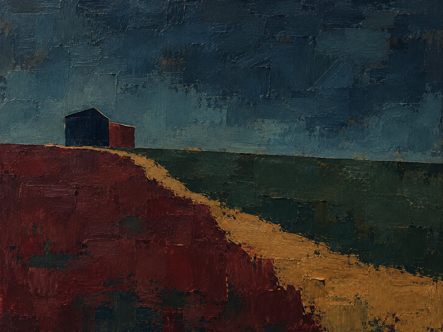 A lone barn on a Midwest horizon in black, navy, charcoal, burgundy; landscape artwork.