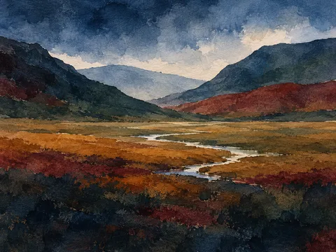 A valley floor with a thin silver stream in black, gray, brown, charcoal; landscape artwork.