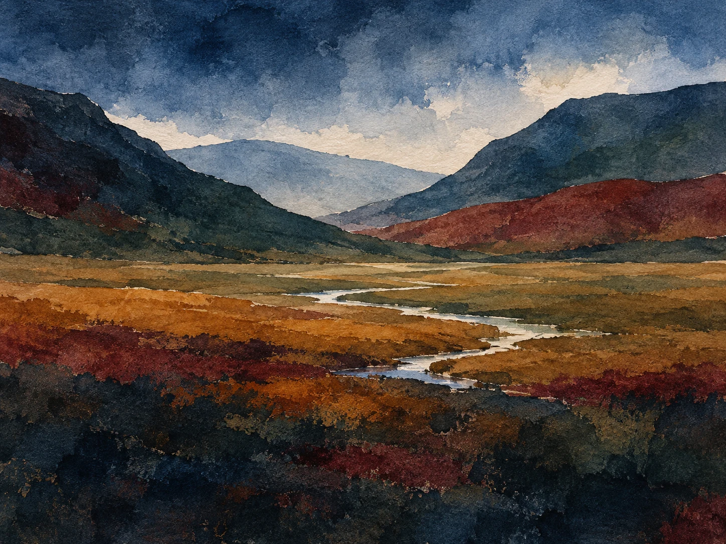 A valley floor with a thin silver stream in black, gray, brown, charcoal; landscape artwork.