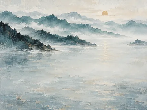 Layered mountain silhouettes at dawn in cream, stone, gray, blue; landscape artwork.