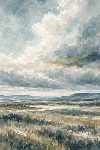 A prairie under a towering cloud bank in stone, cream, gray, charcoal; portrait artwork.