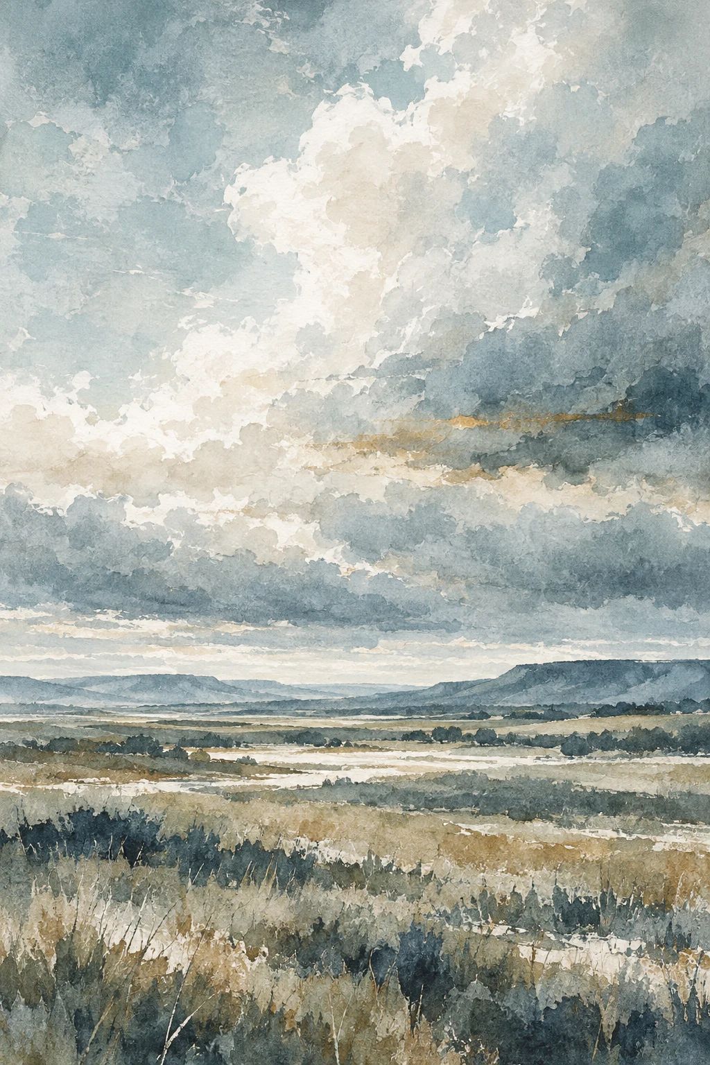A prairie under a towering cloud bank in stone, cream, gray, charcoal; portrait artwork.