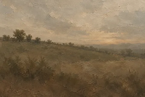 A single tree line on a ridge at dusk in brown, sand, gray, charcoal; landscape artwork.
