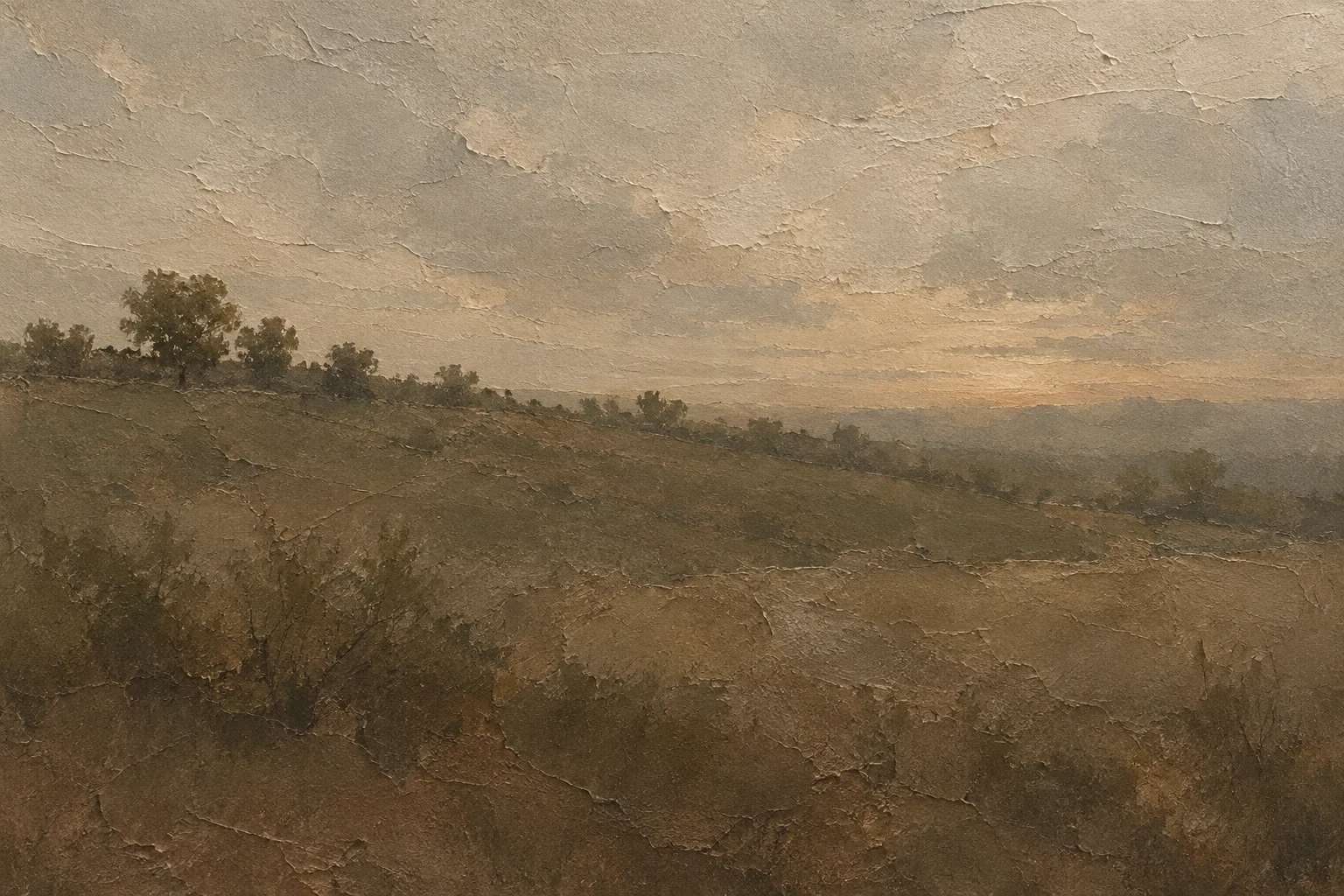 A single tree line on a ridge at dusk in brown, sand, gray, charcoal; landscape artwork.