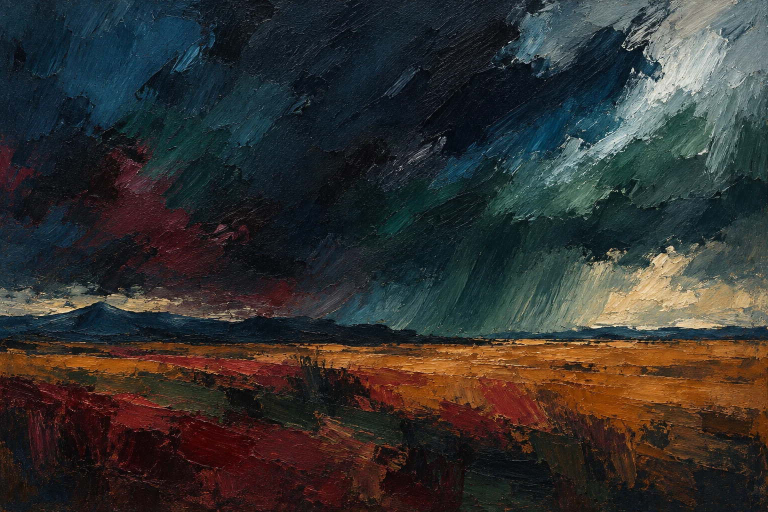 A wide plain with a distant storm in black, navy, charcoal, gray; landscape artwork.
