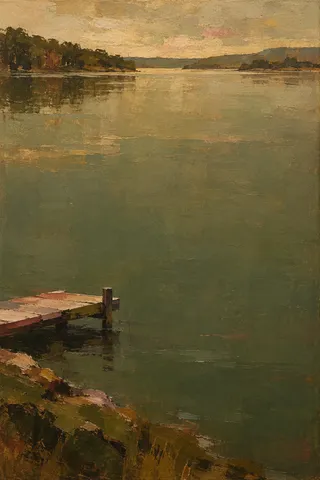 A quiet lake with a single dock in brown, olive, sand, taupe; portrait artwork.