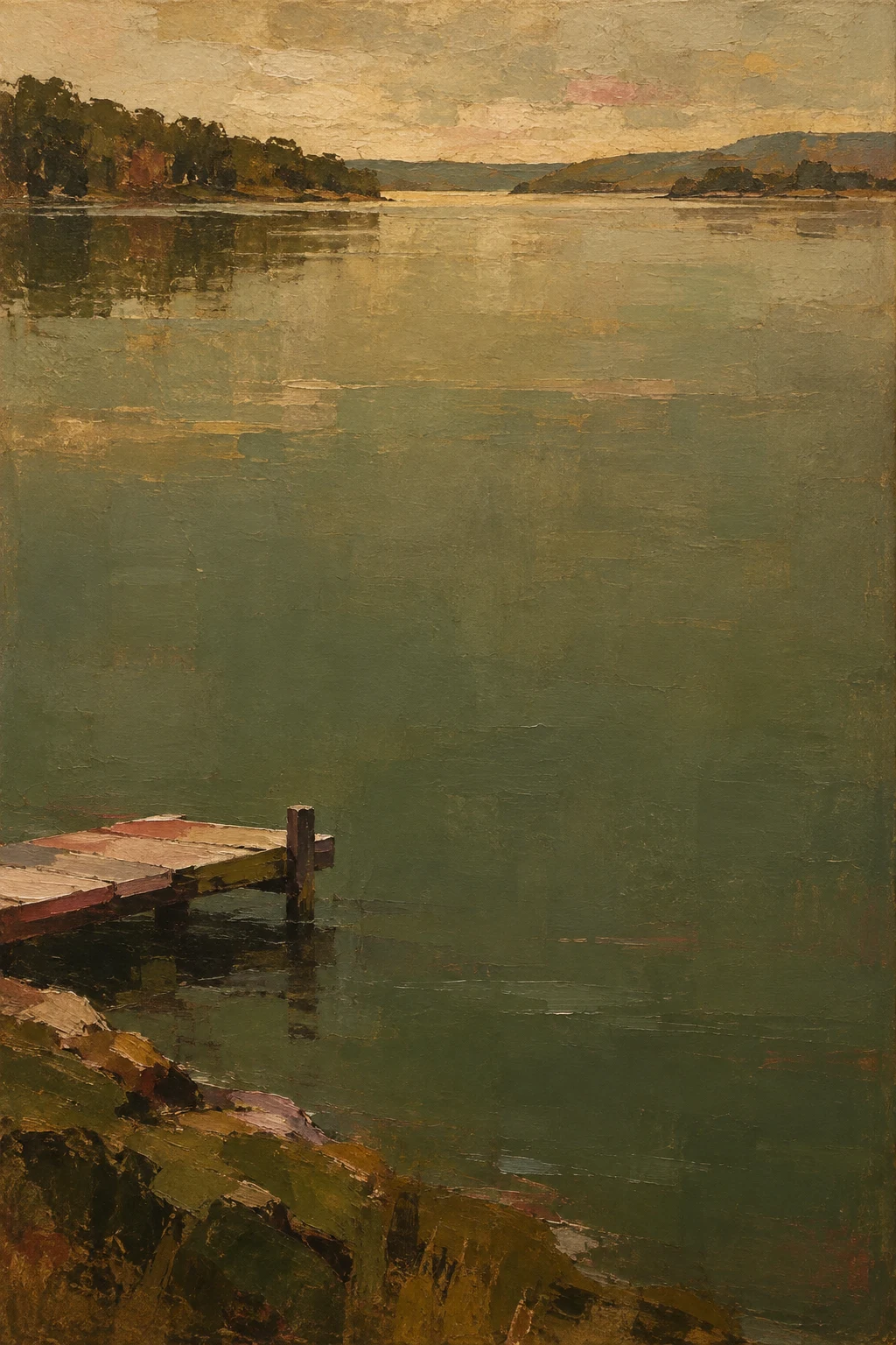 A quiet lake with a single dock in brown, olive, sand, taupe; portrait artwork.