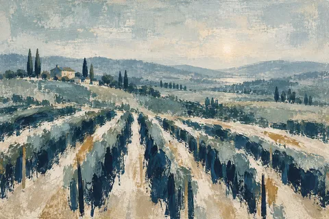 Rolling vineyard rows in late light in stone, gray, cream, navy; landscape artwork.
