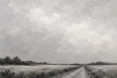 A wheat field with a gravel road in stone, cream, charcoal, gray; landscape artwork.