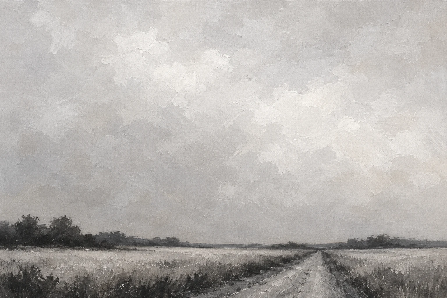 A wheat field with a gravel road in stone, cream, charcoal, gray; landscape artwork.