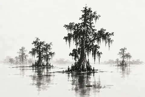 A cypress swamp in still water in white, charcoal, cream, gray; landscape artwork.