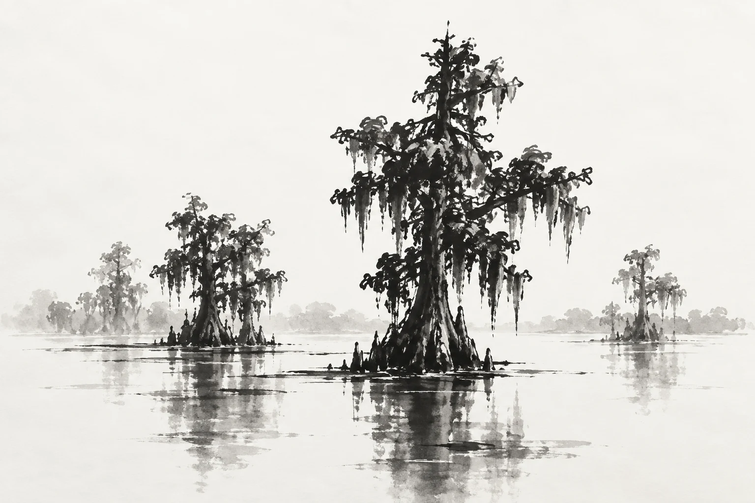A cypress swamp in still water in white, charcoal, cream, gray; landscape artwork.