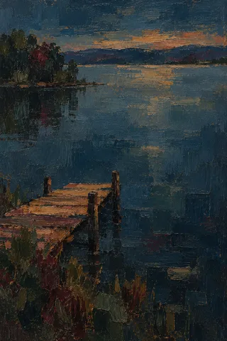 A quiet lake with a single dock in black, navy, charcoal; portrait artwork.