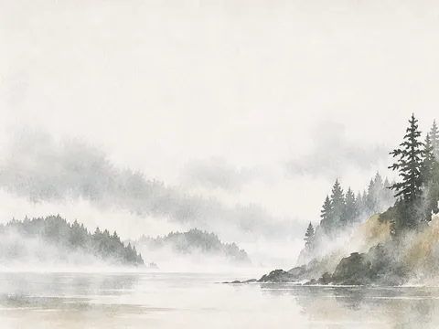 A foggy Pacific Northwest tree line in white, cream, gray; landscape artwork.