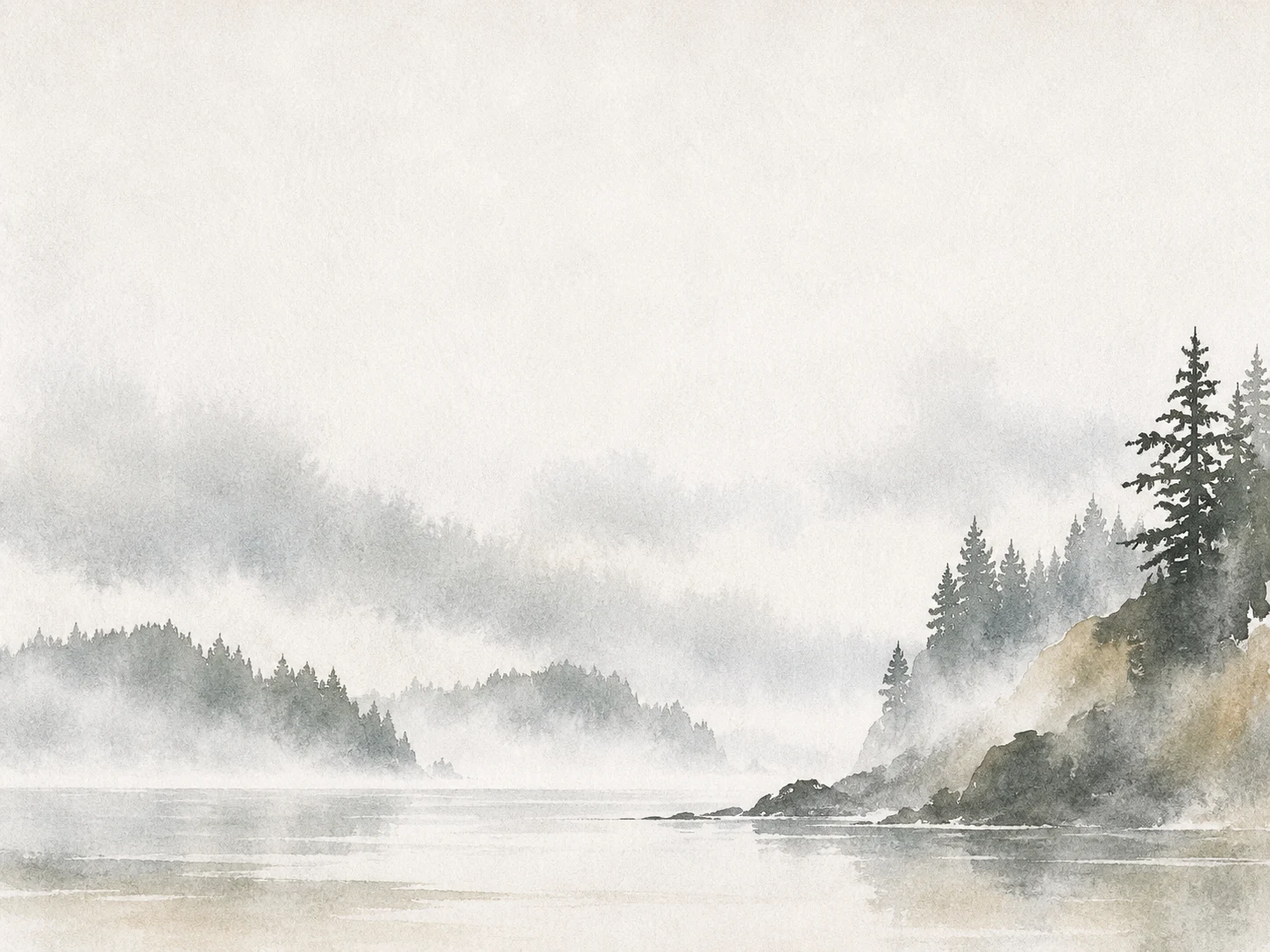 A foggy Pacific Northwest tree line in white, cream, gray; landscape artwork.