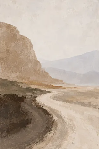 A dirt road curving into fog in cream, stone, sand, brown; portrait artwork.