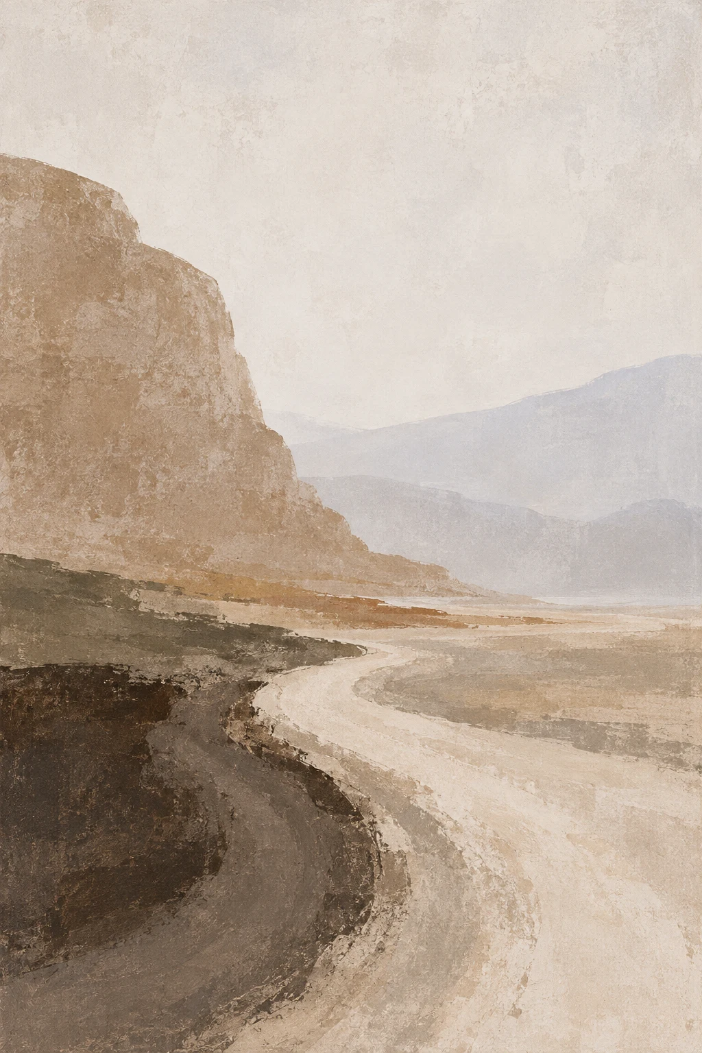 A dirt road curving into fog in cream, stone, sand, brown; portrait artwork.
