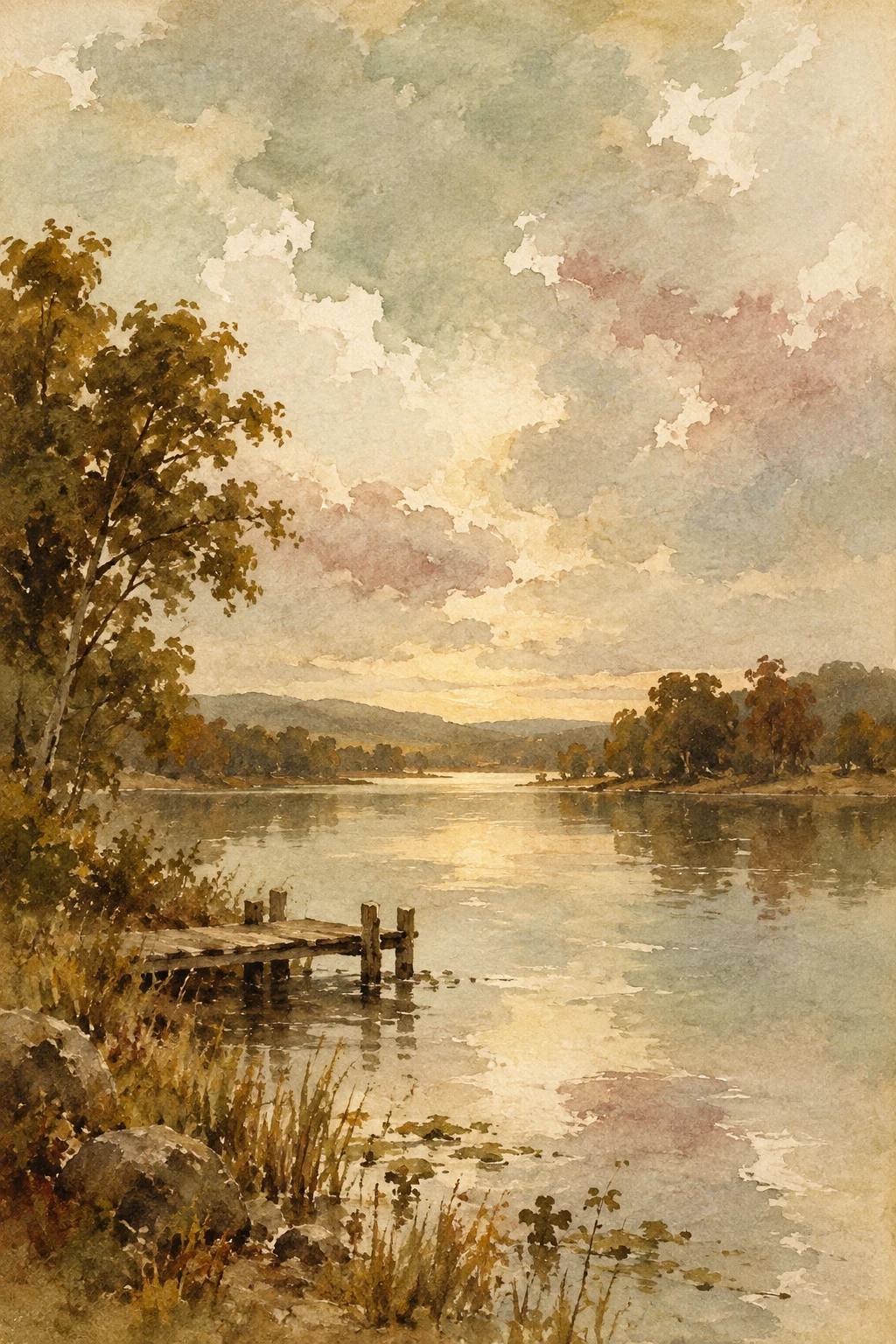 A quiet lake with a single dock in stone, sand, olive, cream; portrait artwork.