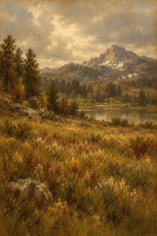 A meadow of wildflowers below a granite peak in brown, sage, ochre, olive; portrait artwork.