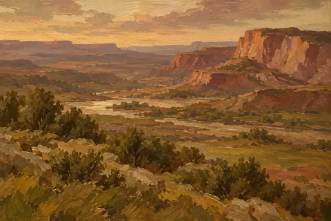 A red-rock mesa at dusk in brown, rust, ochre, terracotta; landscape artwork.