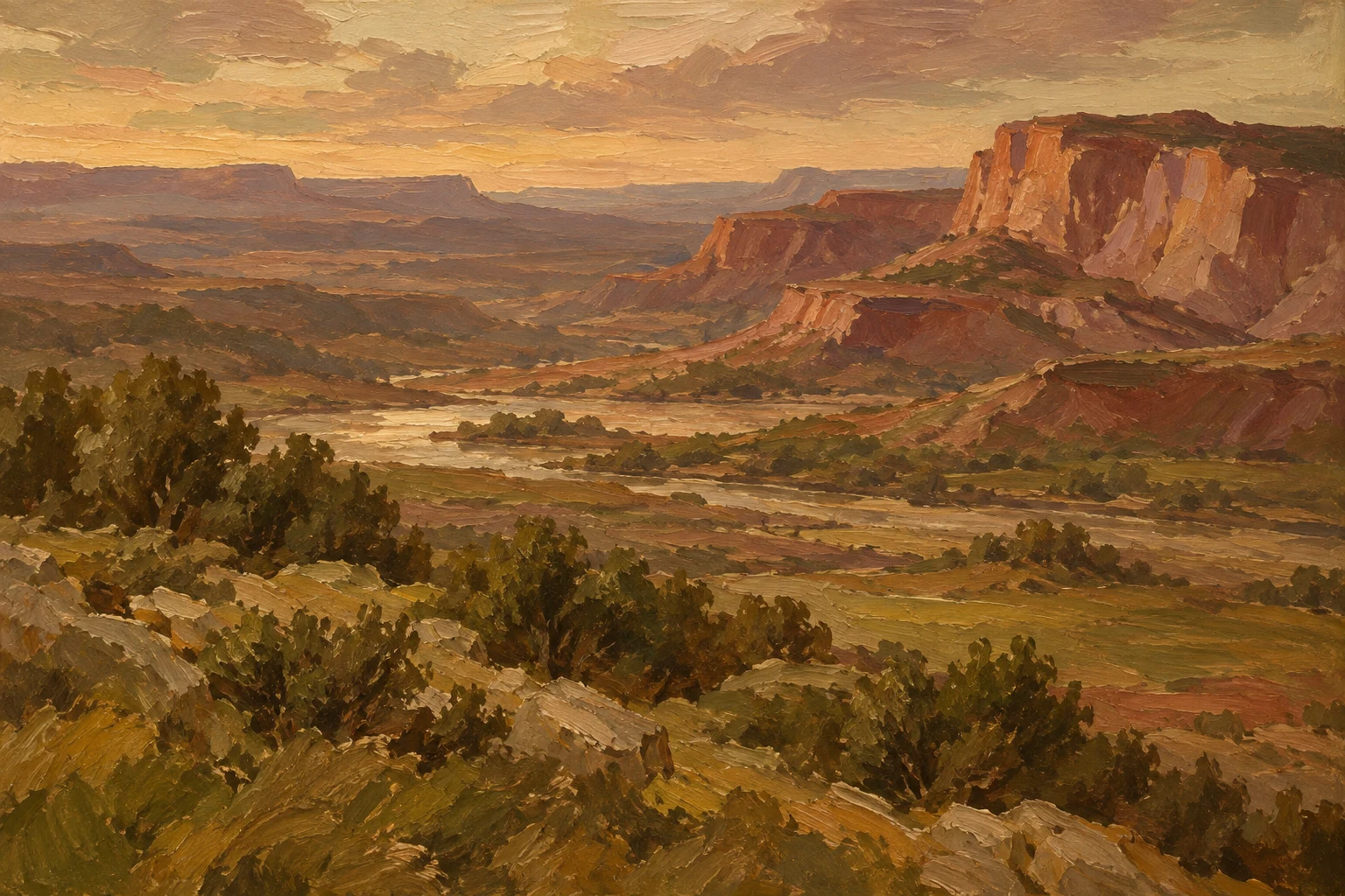 A red-rock mesa at dusk in brown, rust, ochre, terracotta; landscape artwork.