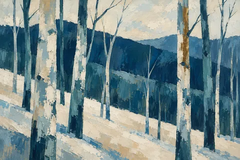 Aspen trunks on a Colorado hillside in cream, navy, teal, taupe; landscape artwork.