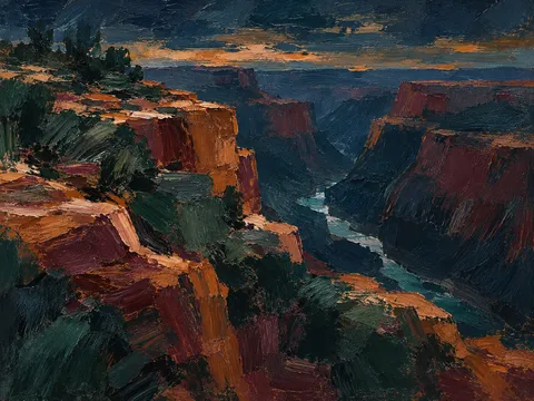 A canyon rim with a sliver of river far below in black, burgundy, navy, charcoal; landscape artwork.