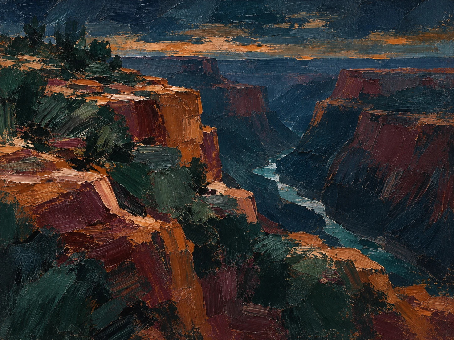A canyon rim with a sliver of river far below in black, burgundy, navy, charcoal; landscape artwork.