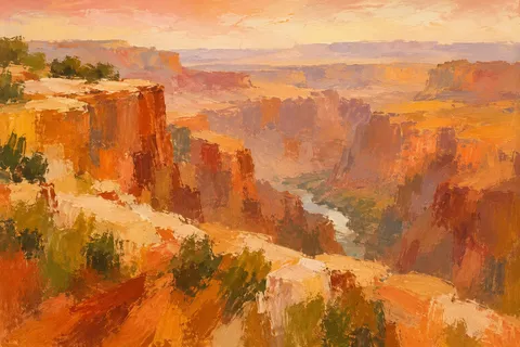 A canyon rim with a sliver of river far below in terracotta, orange, cream, blush; landscape artwork.