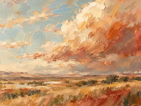 A prairie under a towering cloud bank in stone, blush, terracotta, sand; landscape artwork.
