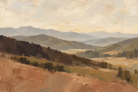 Blue-ridge mountains in receding layers in cream, ochre, charcoal, olive; landscape artwork.