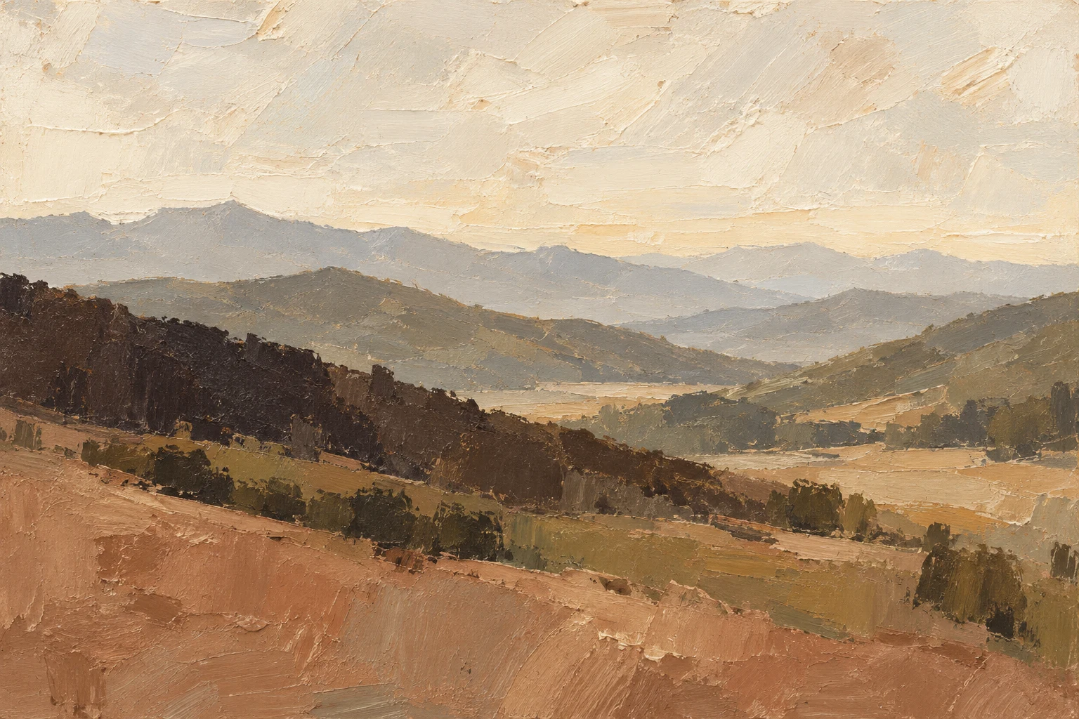 Blue-ridge mountains in receding layers in cream, ochre, charcoal, olive; landscape artwork.
