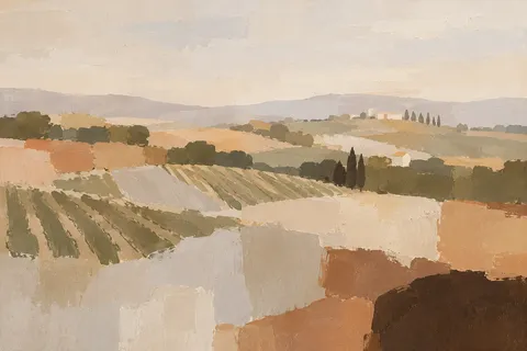 Rolling vineyard rows in late light in cream, stone, sand, taupe; landscape artwork.