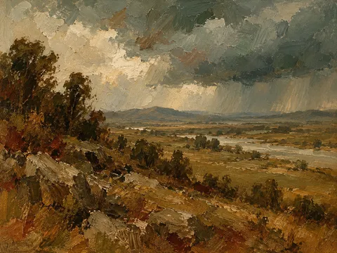 A wide plain with a distant storm in brown, olive, taupe, burgundy; landscape artwork.