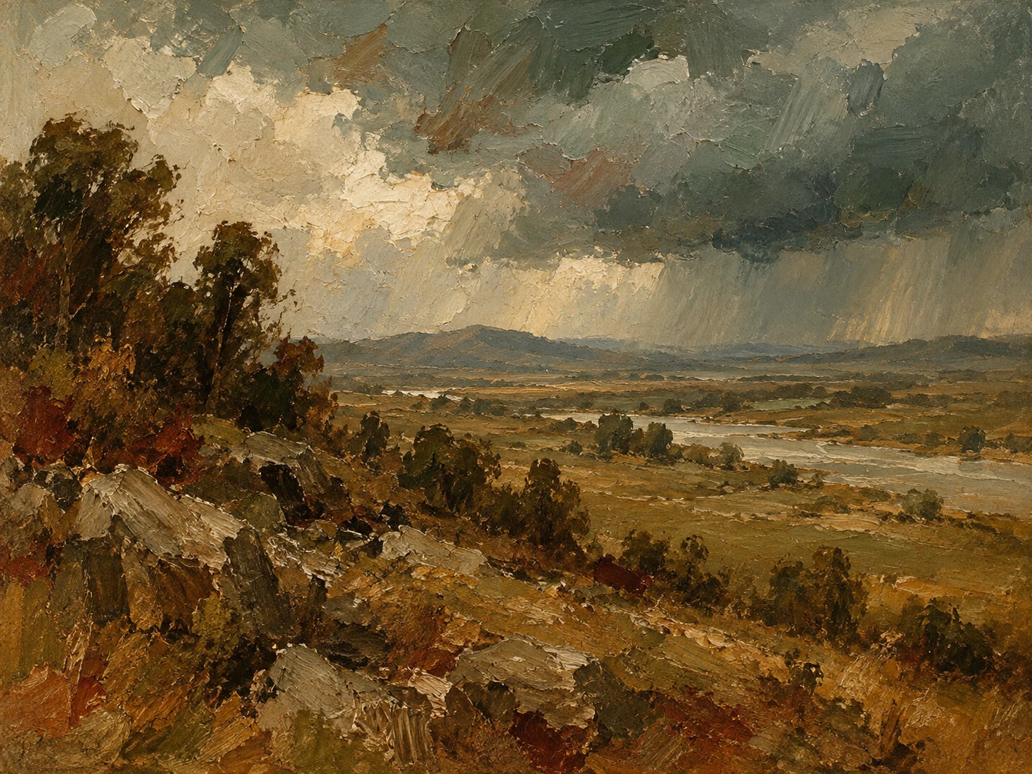 A wide plain with a distant storm in brown, olive, taupe, burgundy; landscape artwork.