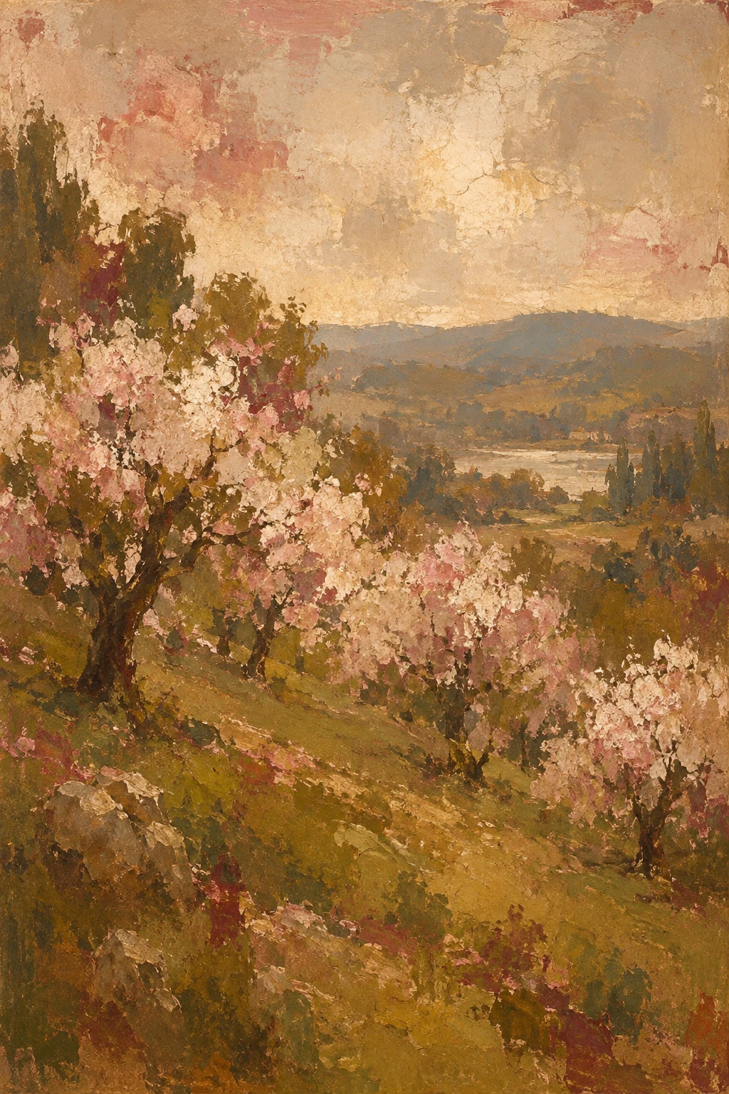 An orchard in blossom on a slope in ochre, blush, terracotta, rust; portrait artwork.