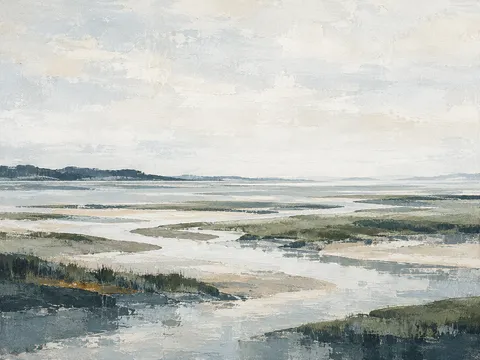 A salt marsh at low tide with winding channels in cream, stone, white, charcoal; landscape artwork.