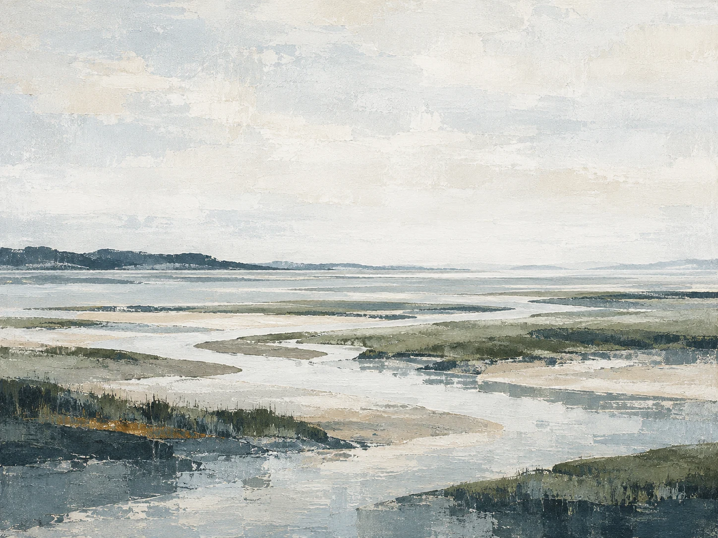 A salt marsh at low tide with winding channels in cream, stone, white, charcoal; landscape artwork.