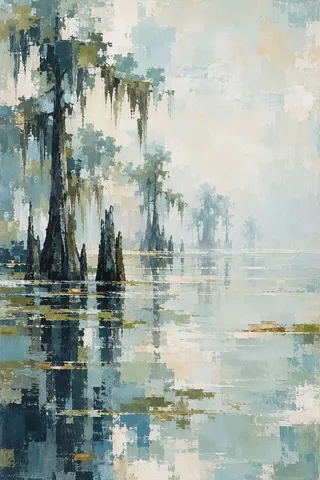 A cypress swamp in still water in cream, gray, stone, charcoal; portrait artwork.