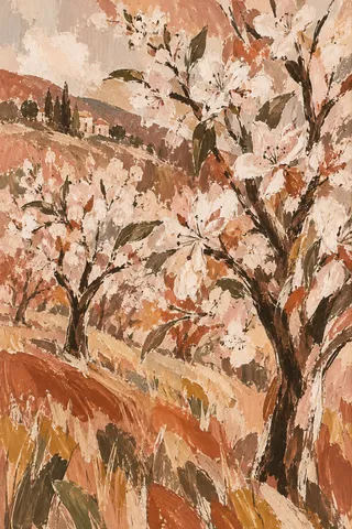 An orchard in blossom on a slope in stone, terracotta, ochre, taupe; portrait artwork.