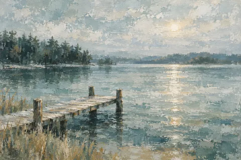 A quiet lake with a single dock in stone, gray, cream, charcoal; landscape artwork.