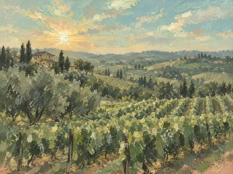 Rolling vineyard rows in late light in olive, stone, taupe, cream; landscape artwork.