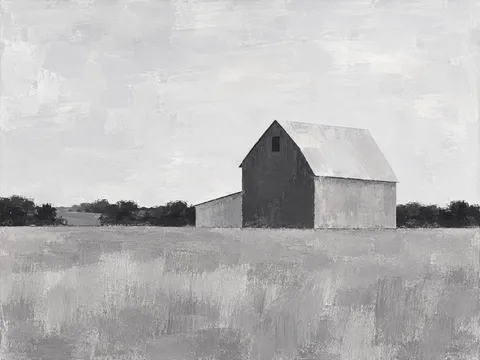 A lone barn on a Midwest horizon in cream, stone, gray, charcoal; landscape artwork.