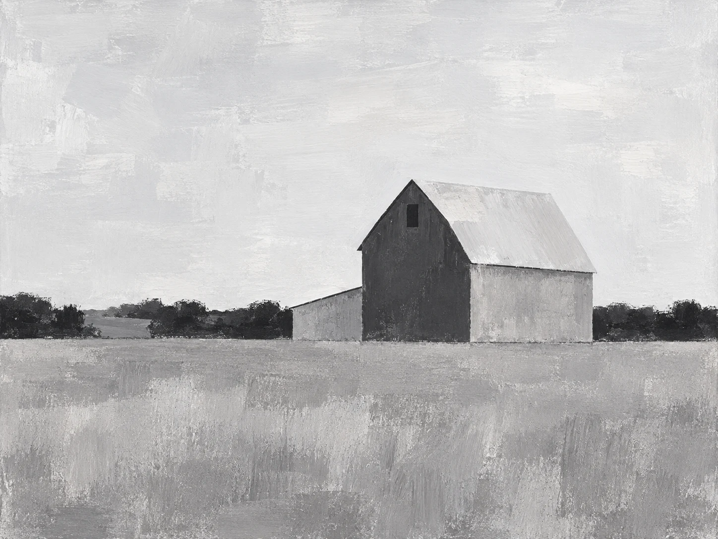A lone barn on a Midwest horizon in cream, stone, gray, charcoal; landscape artwork.