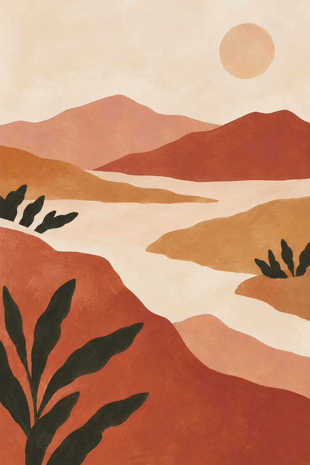 Scrubland with distant hills in cream, terracotta, blush, ochre; portrait artwork.