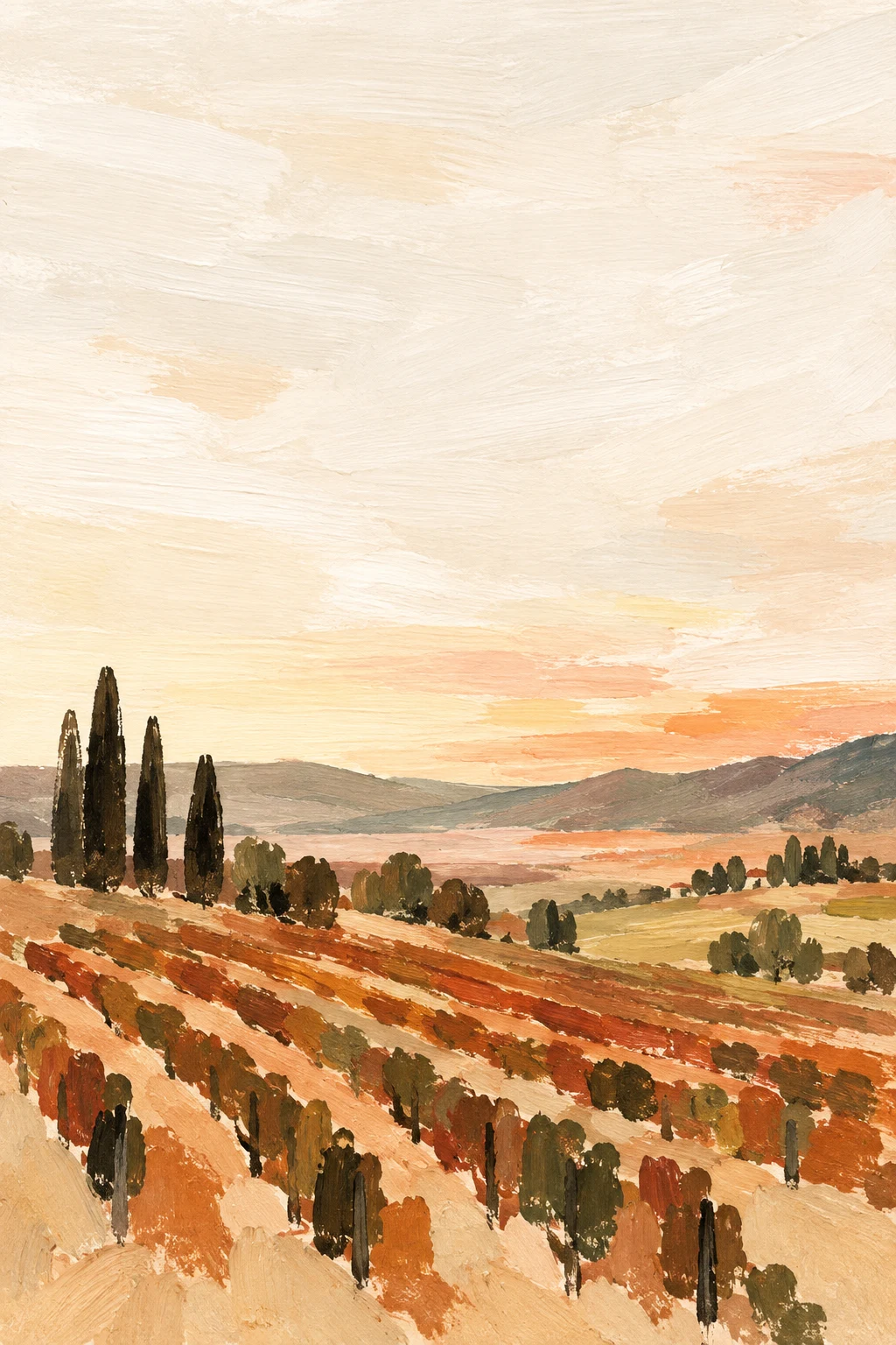 Rolling vineyard rows in late light in white, cream, ochre, blush; portrait artwork.