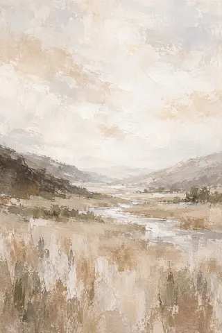 A valley floor with a thin silver stream in cream, stone, white, sand; portrait artwork.