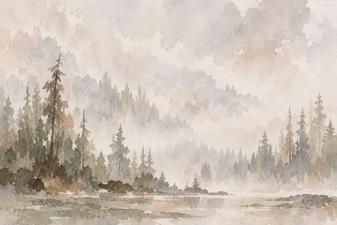 A foggy Pacific Northwest tree line in cream, sand, stone, taupe; landscape artwork.