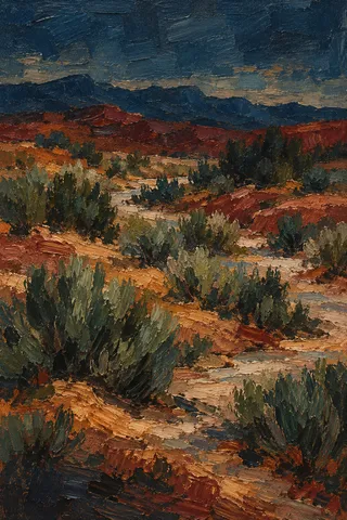 A desert wash with sagebrush in black, brown, navy, taupe; portrait artwork.